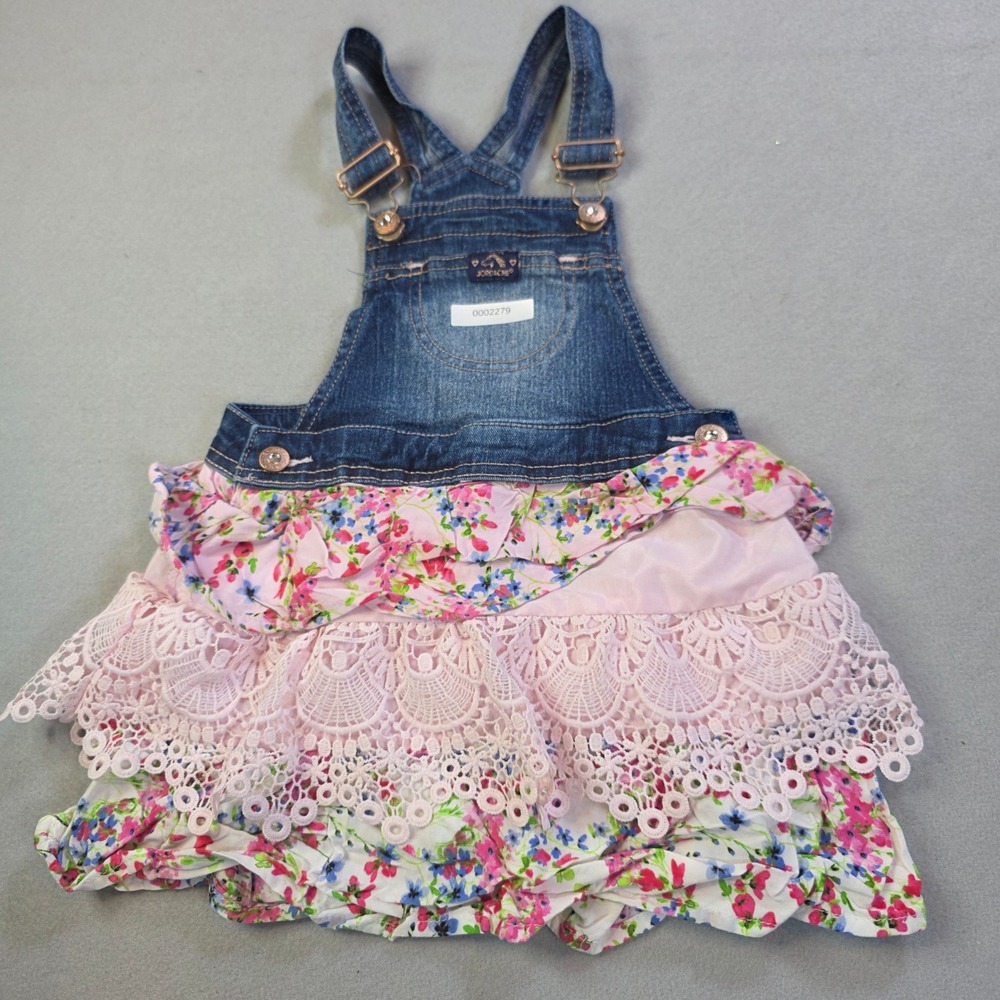 Jordache Girls Denim Overall Dress Floral Ruffle Lace Tiered Pink Blue 4T